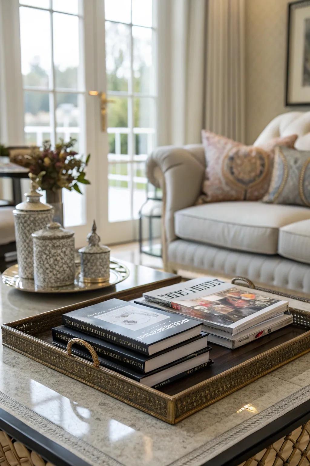 Paperbacks elegantly stacked on a decorative serving board.