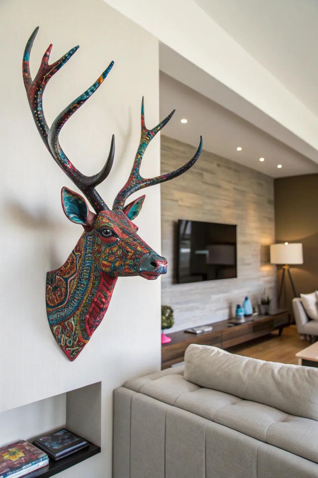 Deer antlers featuring bright hydro dipped patterns create a striking focal point within a modern living space.