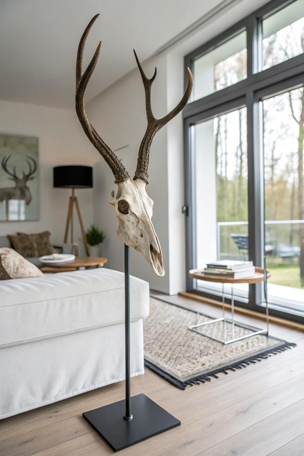 A sleek metal base offers a refined display for your deer skull.