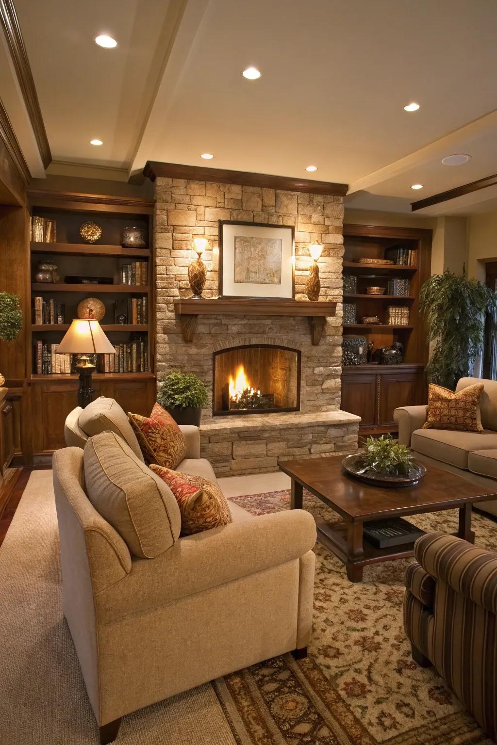 A comfortable, welcoming den centers on a fireplace.