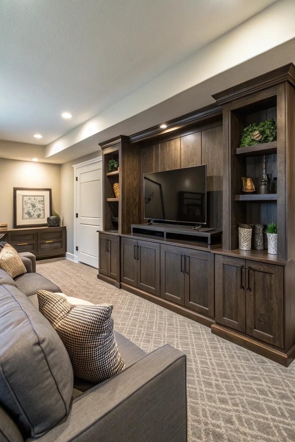 A den featuring an integrated entertainment hub delivering flair and utility.