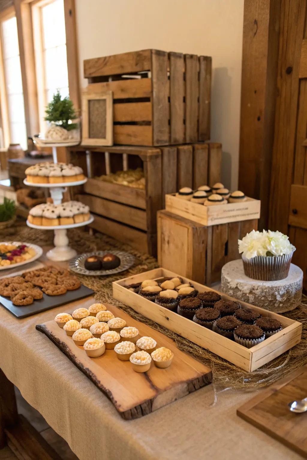 Timbered details enhance a countryside touch to dessert settings.