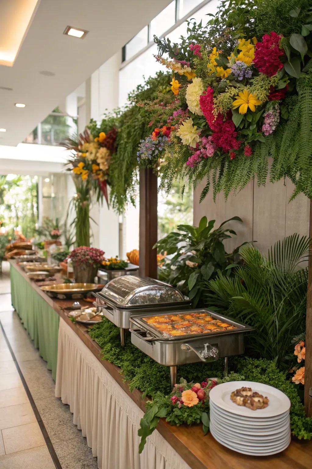 Lively greenery and florals rejuvenate this buffet.