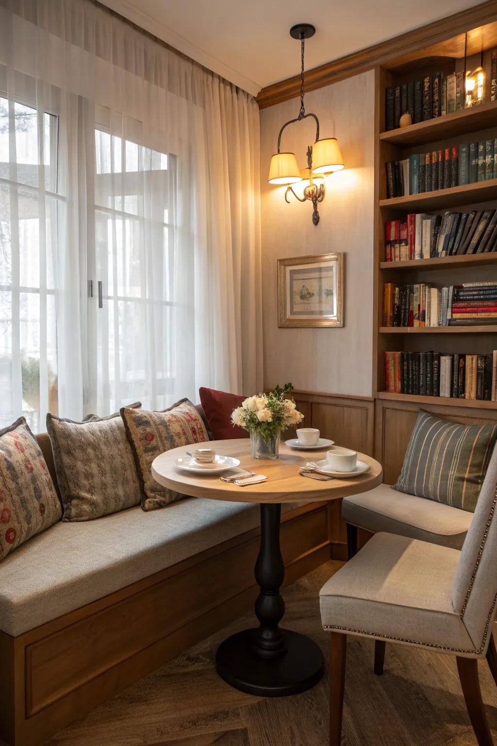 A delightful recess that delivers a cozy dining feel in minimal space.