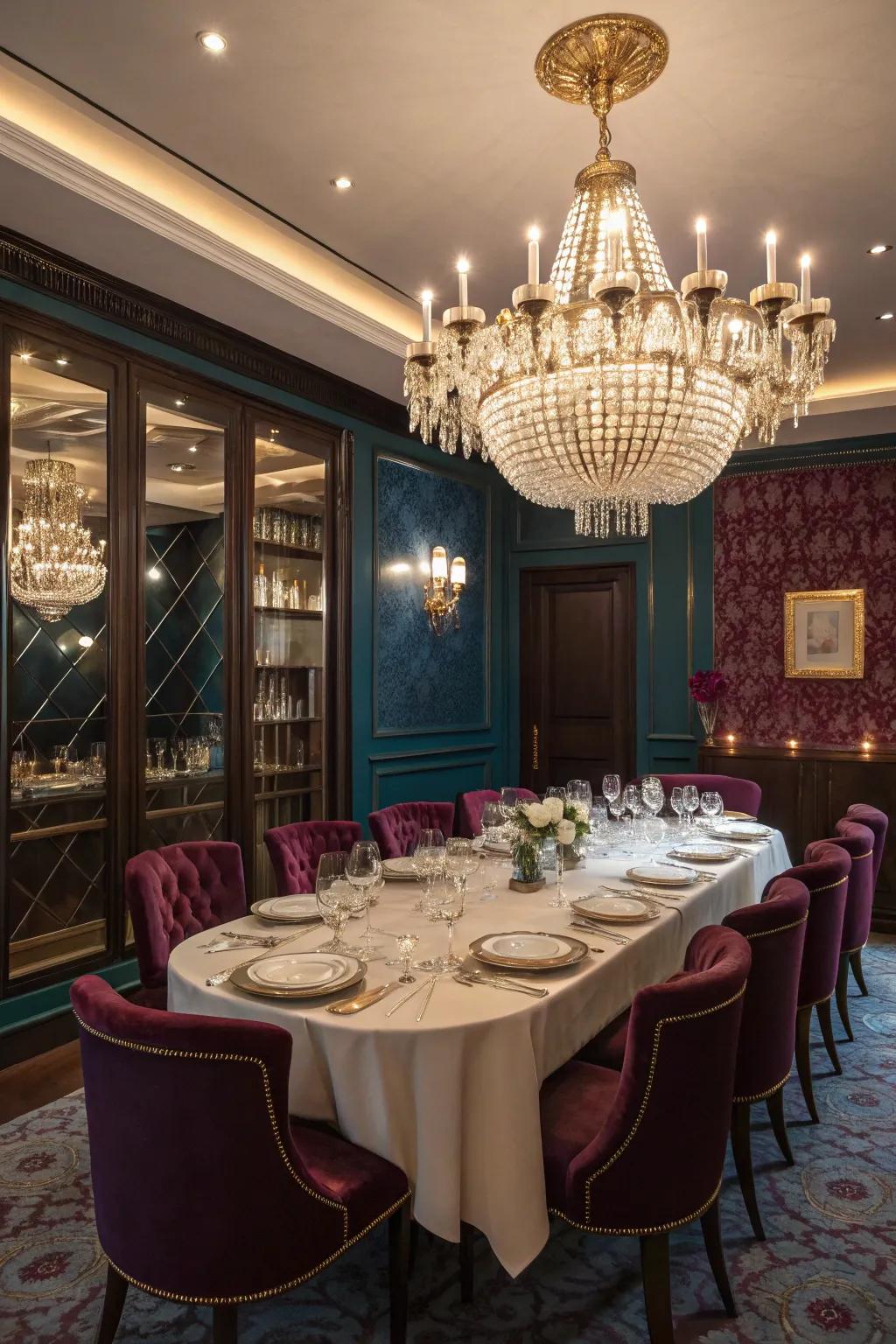 A luxurious dining space enhanced with rich gem tones.