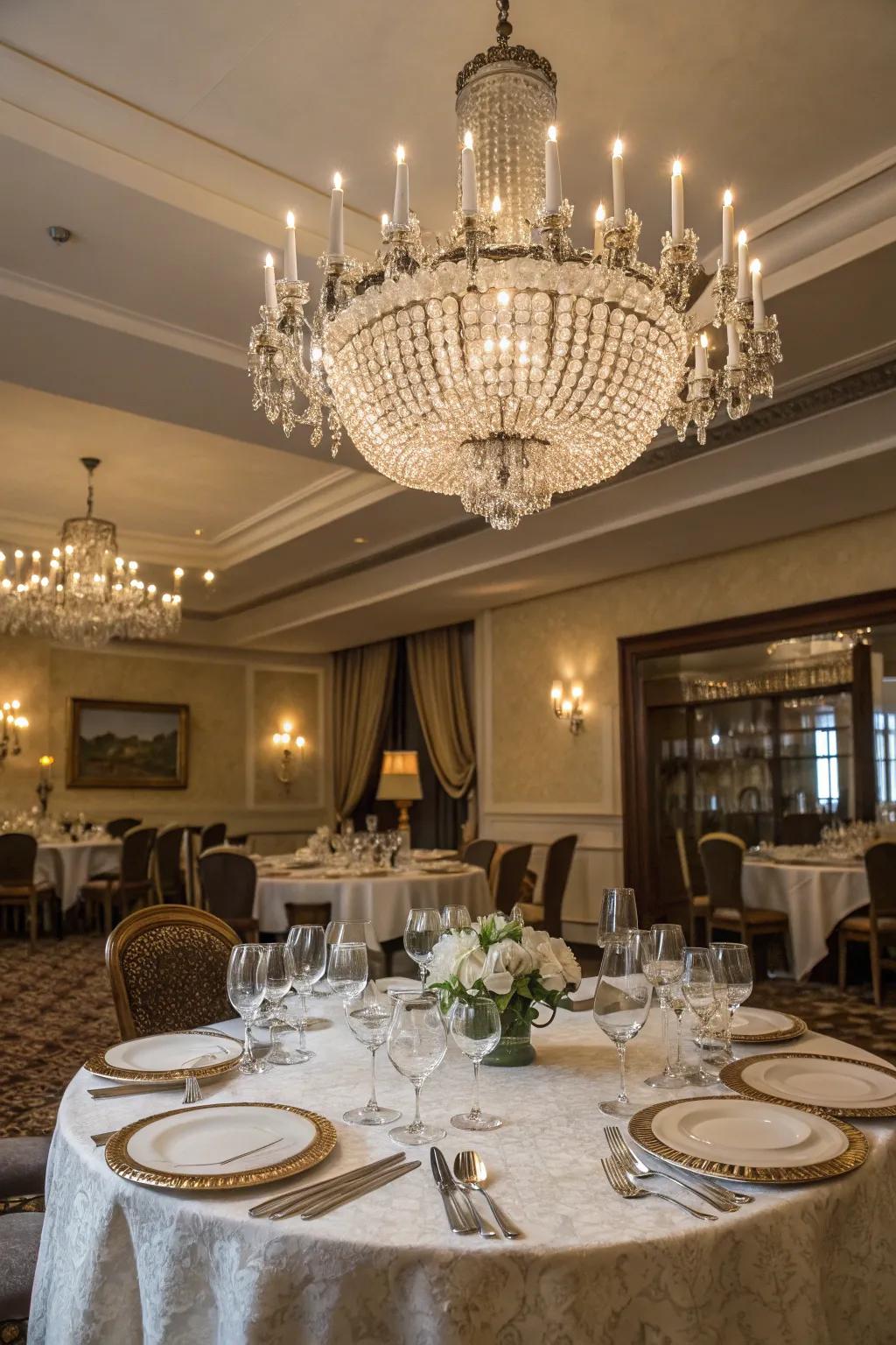 Refinement is achieved with chandeliers and sophisticated tableware, enriching the dining experience.