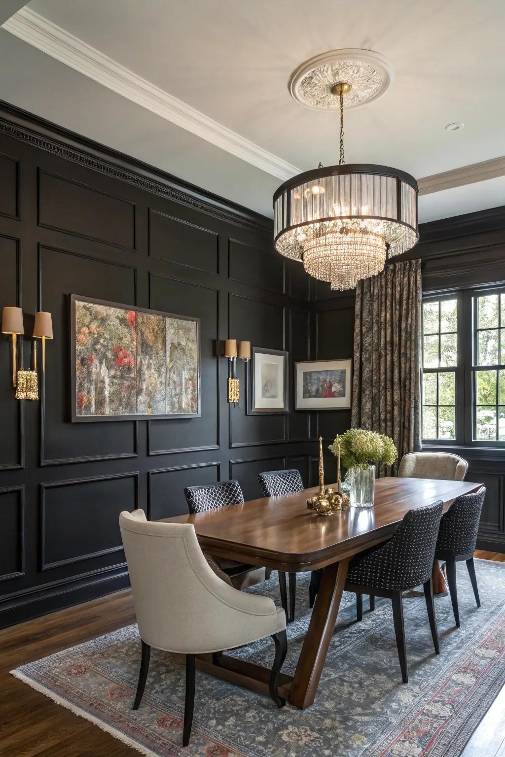 In this dining room, black wainscoting makes a strong and fashionable statement.