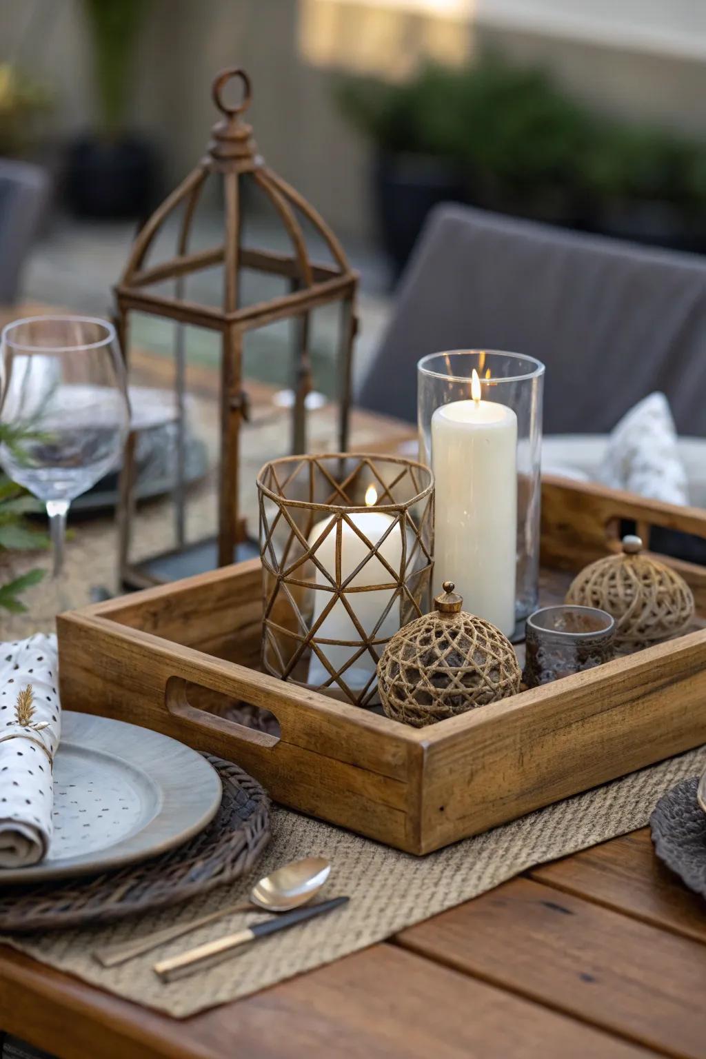 A blend of materials enriches the visual appeal and dimensionality of your dining table centerpiece.