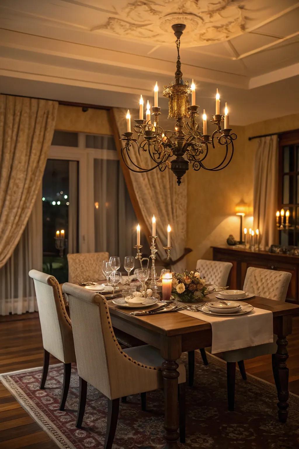 An exquisite chandelier hangs above a dining table.