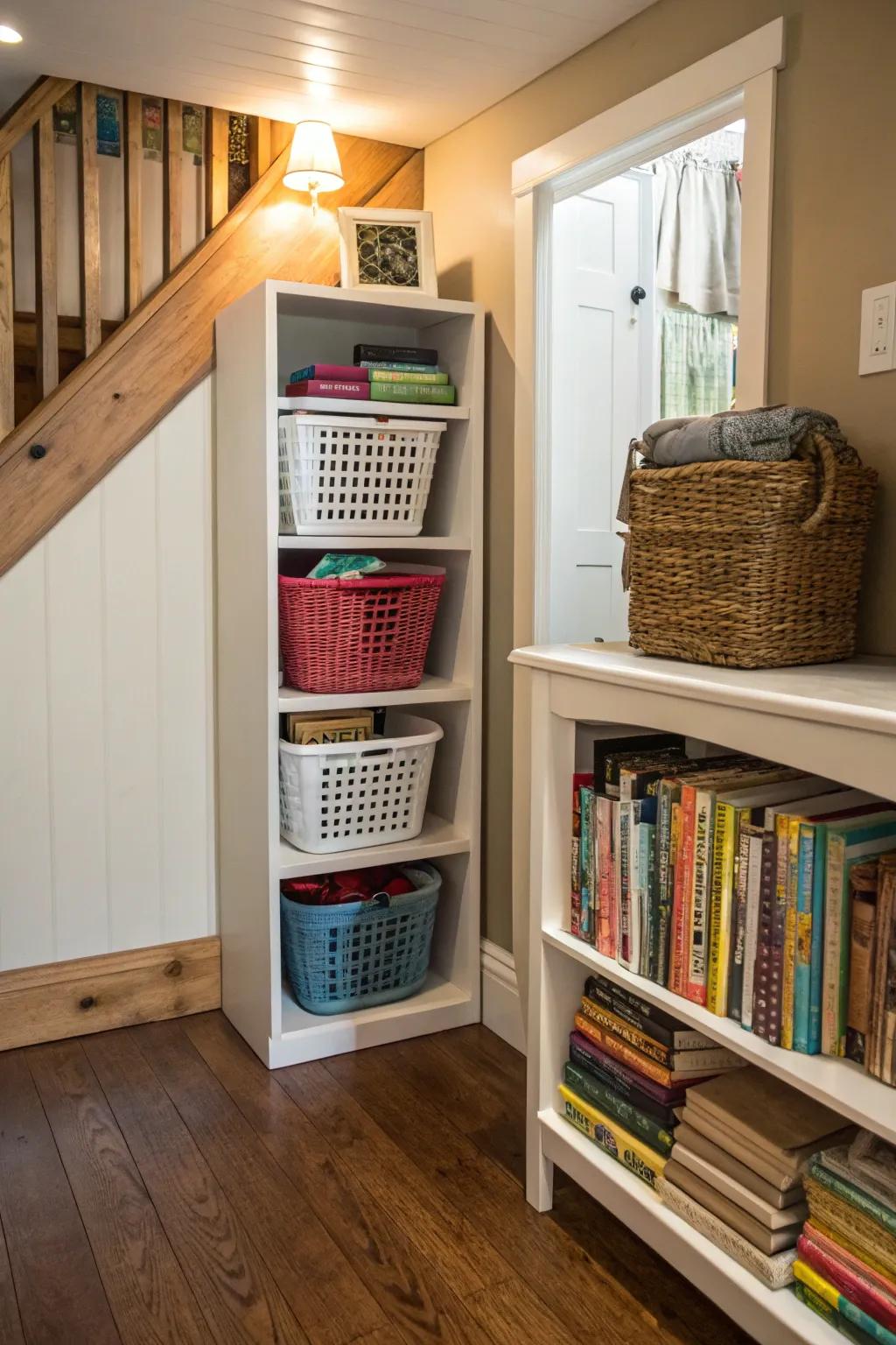 A bookshelf becomes a charming garment sorting area with personalized containers.