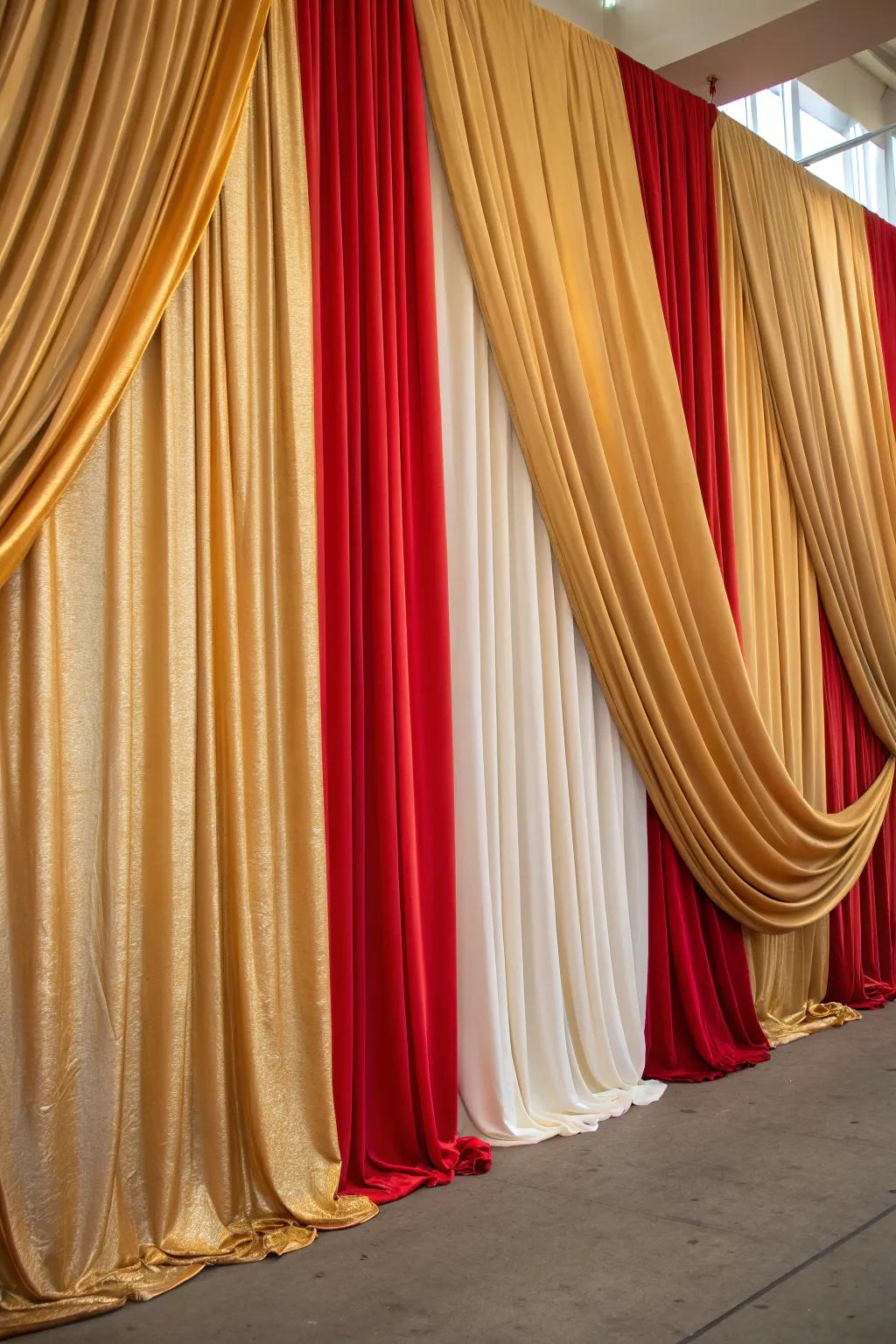Elegant textile hangings craft a luxurious backdrop.
