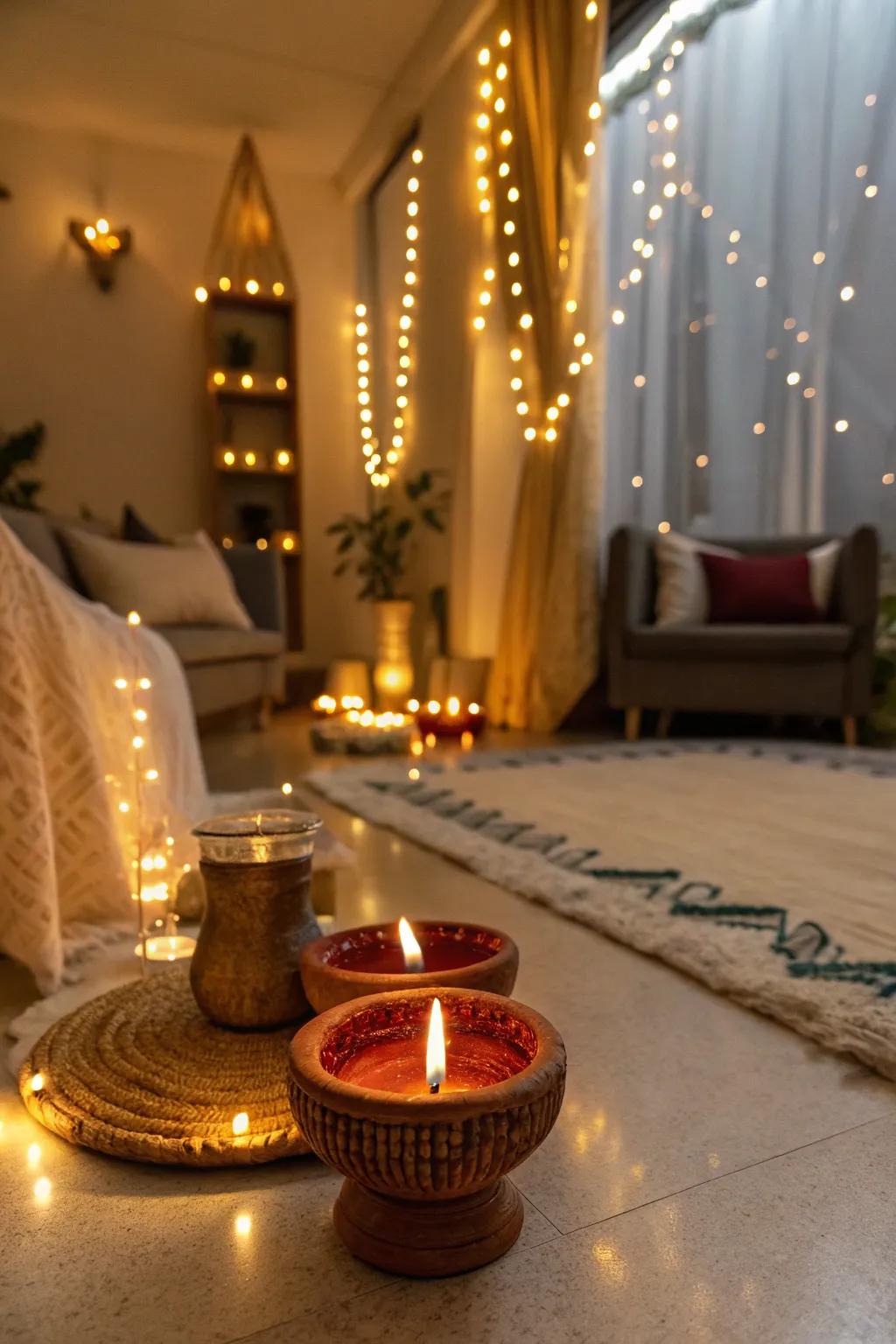 Combining diyas and string lights for a magical glow.