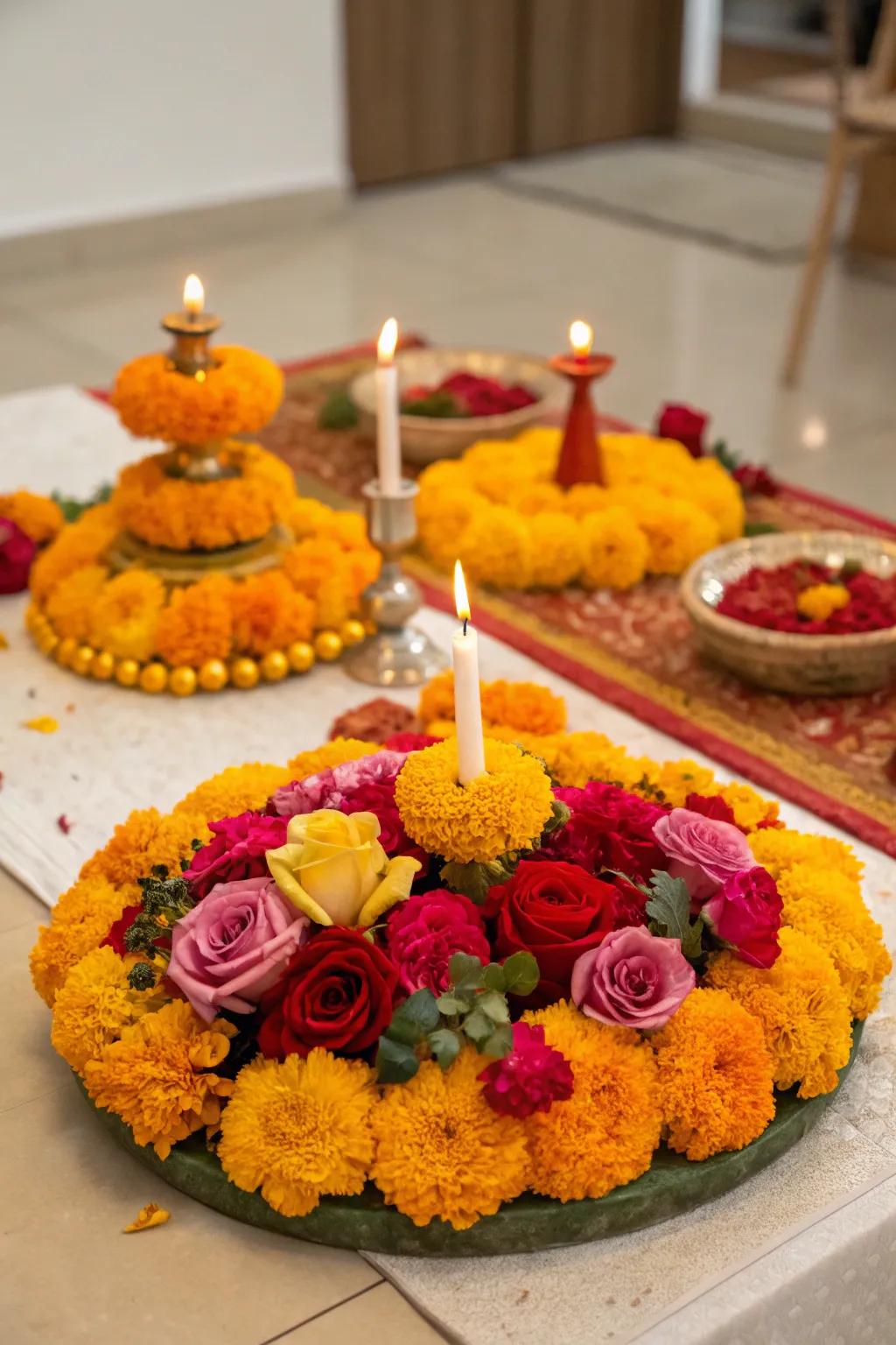 Floral details featuring marigolds and roses bring an element of sophistication to the Diwali table.