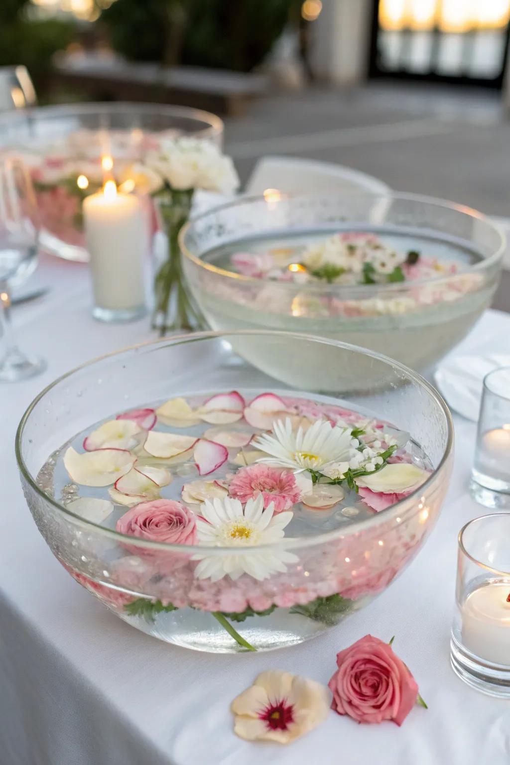 Charming suspended flowers introduce a sophisticated element.