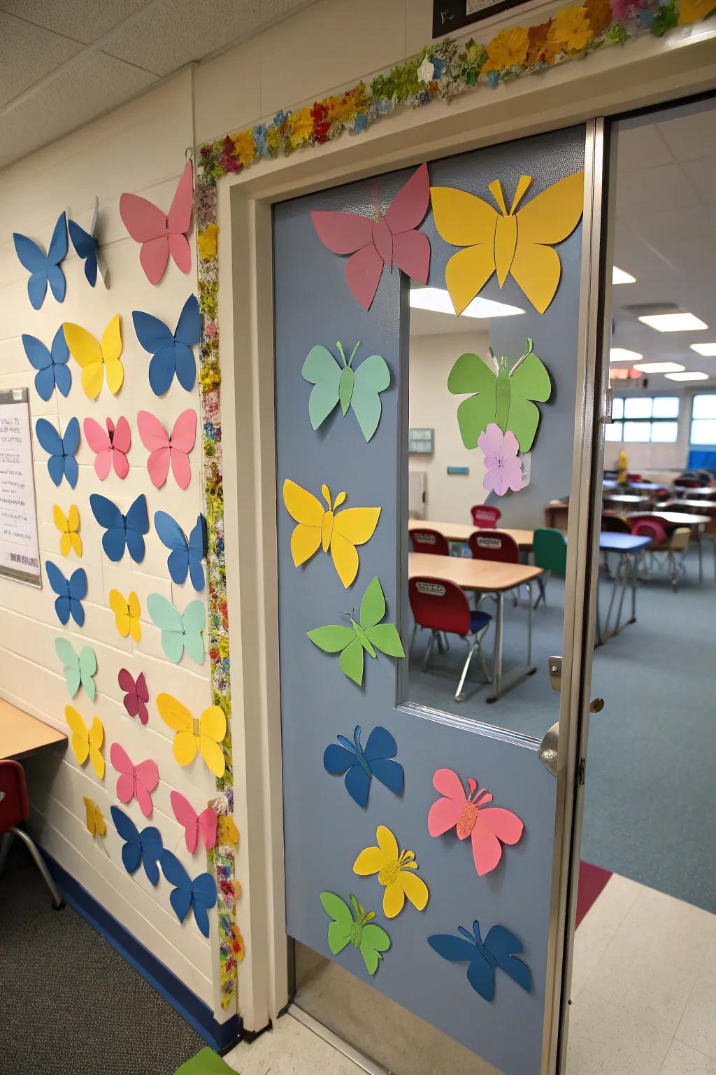 An entryway adorned with vivid paper butterflies.