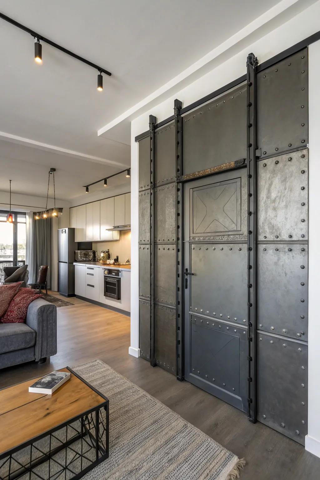 Industrial metal doors contribute individuality and definition to this trendy studio apartment.