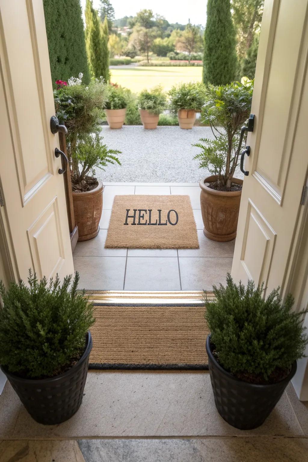 Welcoming phrases on a doormat create a friendly first impression