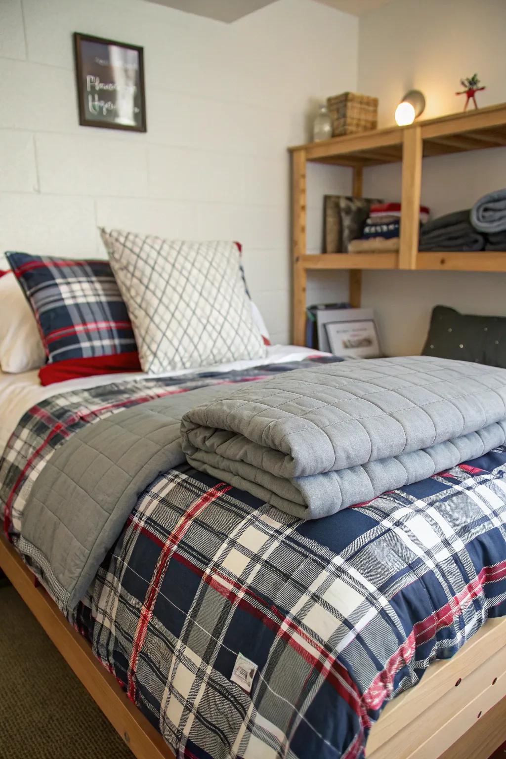 Layered bedding elevates both comfort and style in your dorm room.