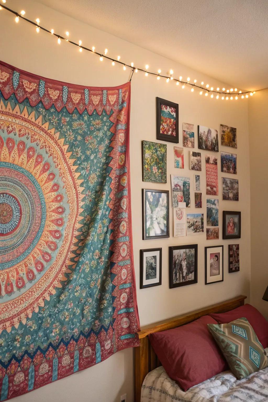 Wall art gives the dorm room a personal touch.