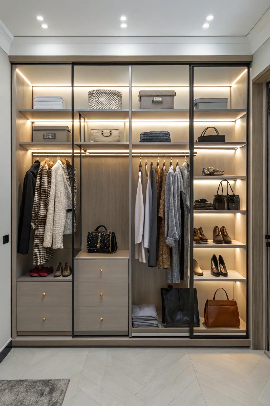 Strategic lighting changes a double closet into an appealing, well-lit space.