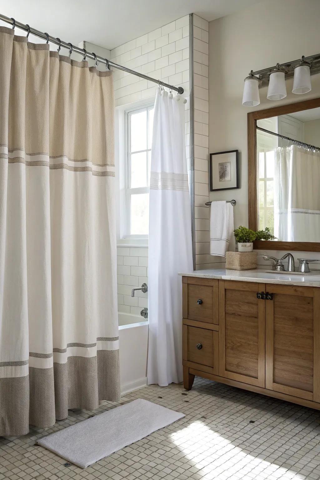 Layered curtains infuse seclusion and theatricality into your lavatory.