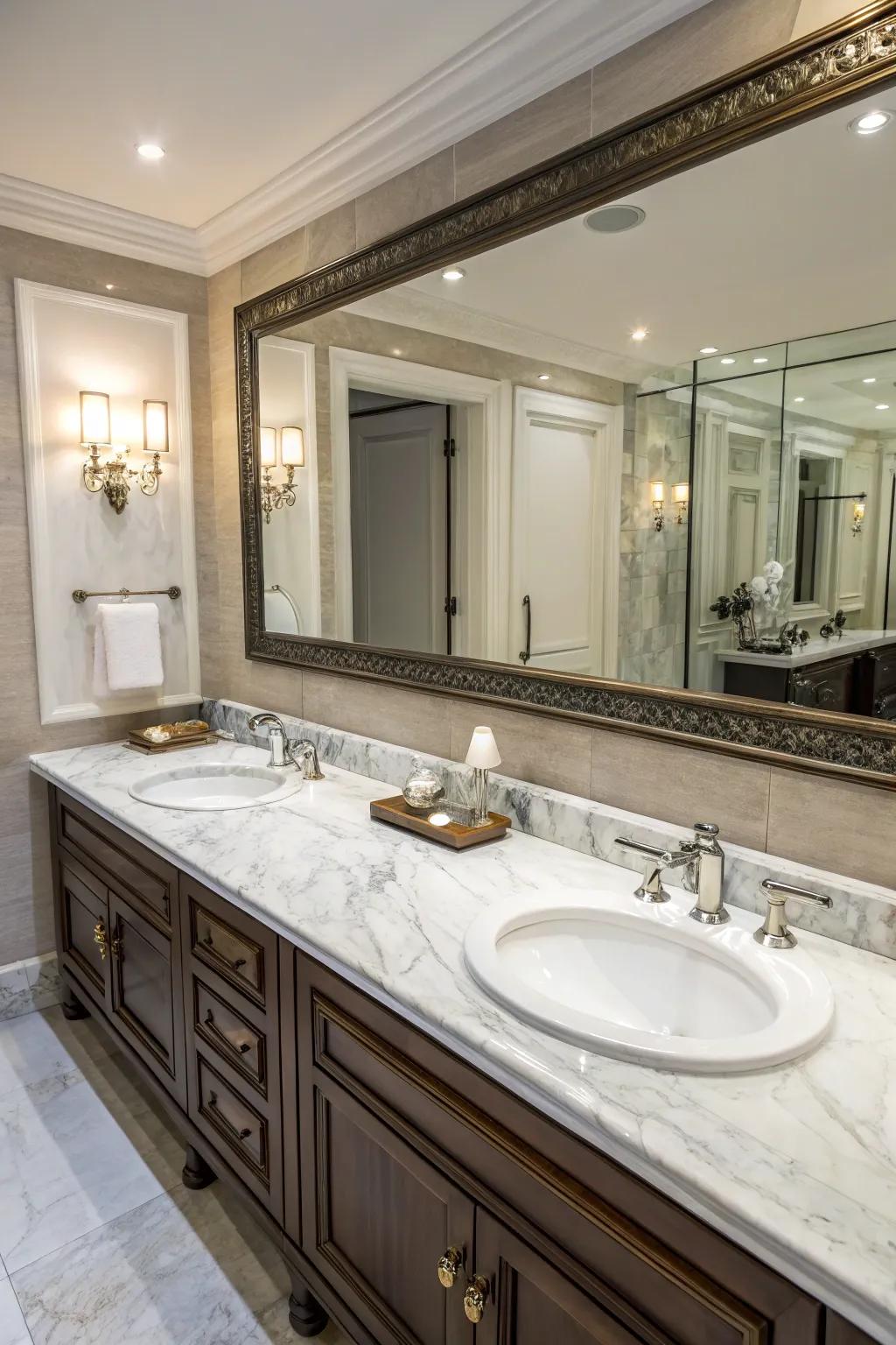 Refined marble countertops beautifully enhance the double sinks in this luxurious bathroom.