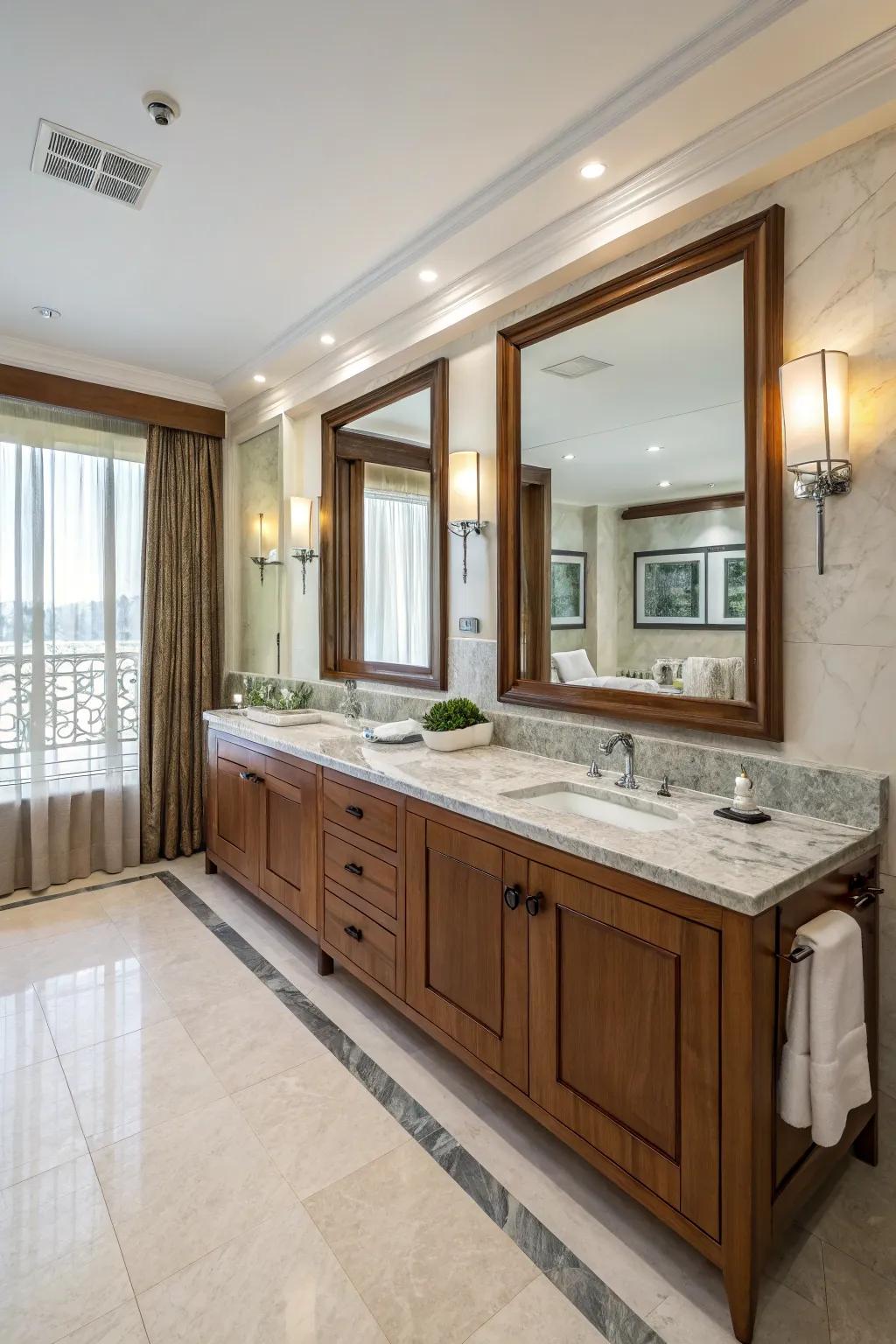 Elegant materials like granite and wood elevate this bathroom.