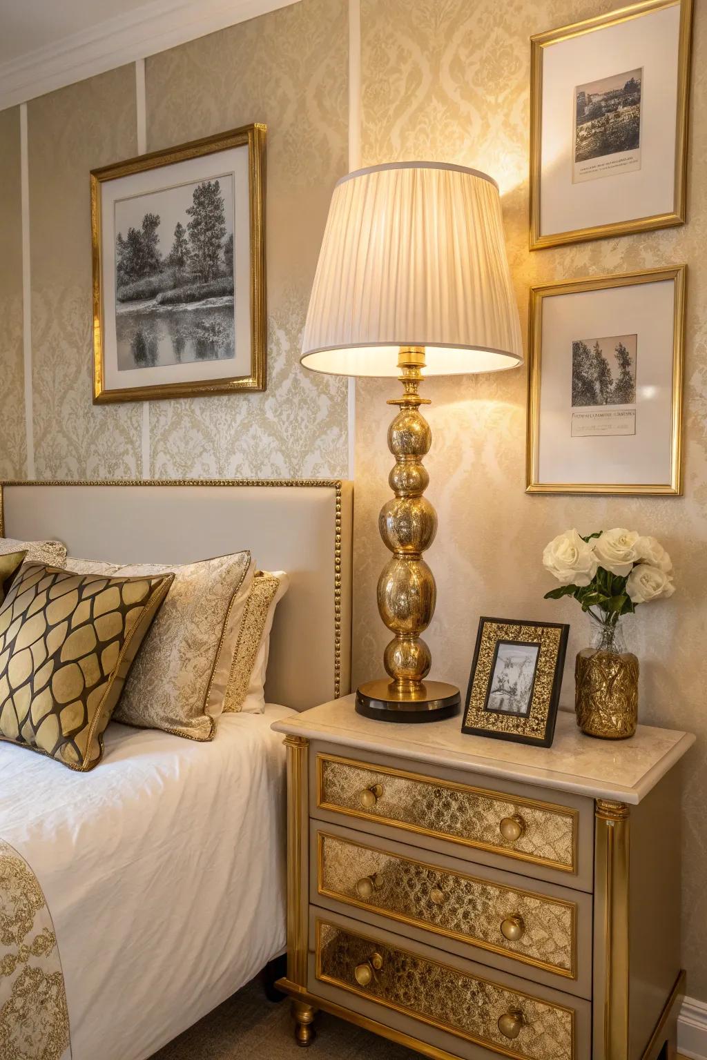 Golden highlights bestow an opulent dimension upon this striking bedroom arrangement.