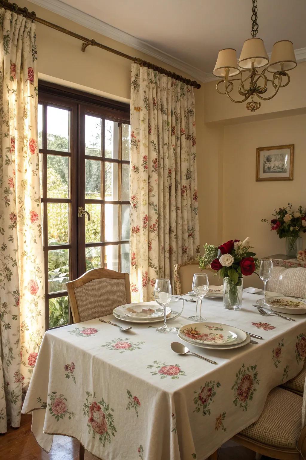 Drapes with floral patterns adding visual appeal to a dining room setting.