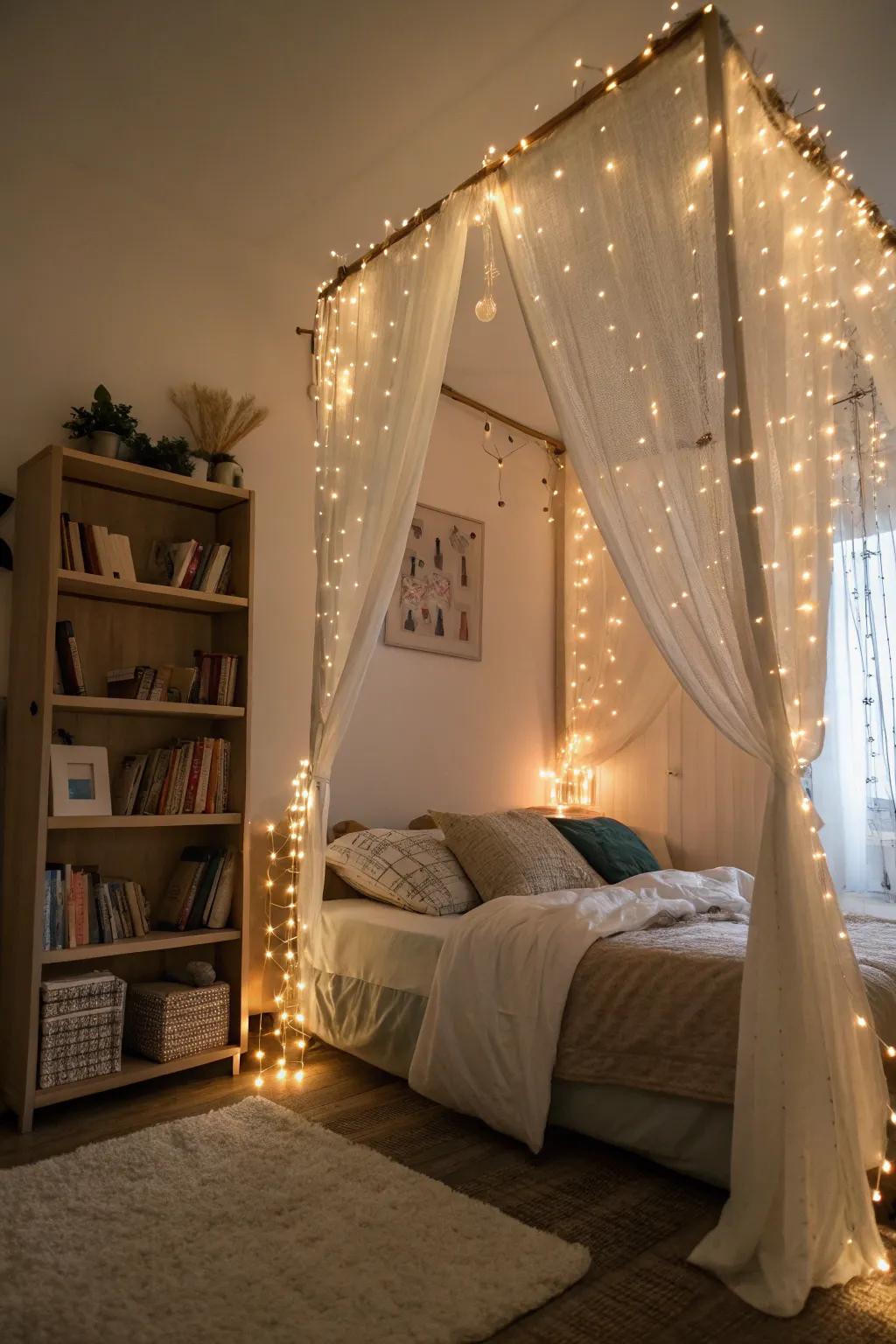 A spellbinding bedroom corner glows warmly thanks to sparkle lights.