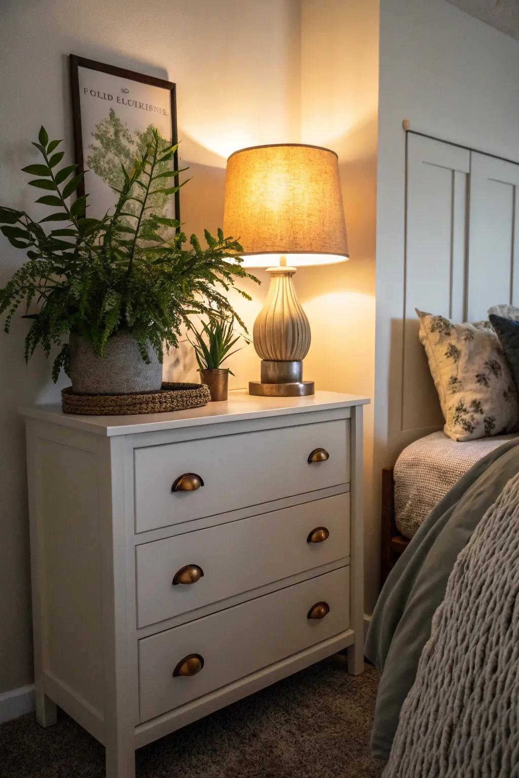 A modest dresser decorated with a lamp and plant, enhancing both practicality and visual appeal.