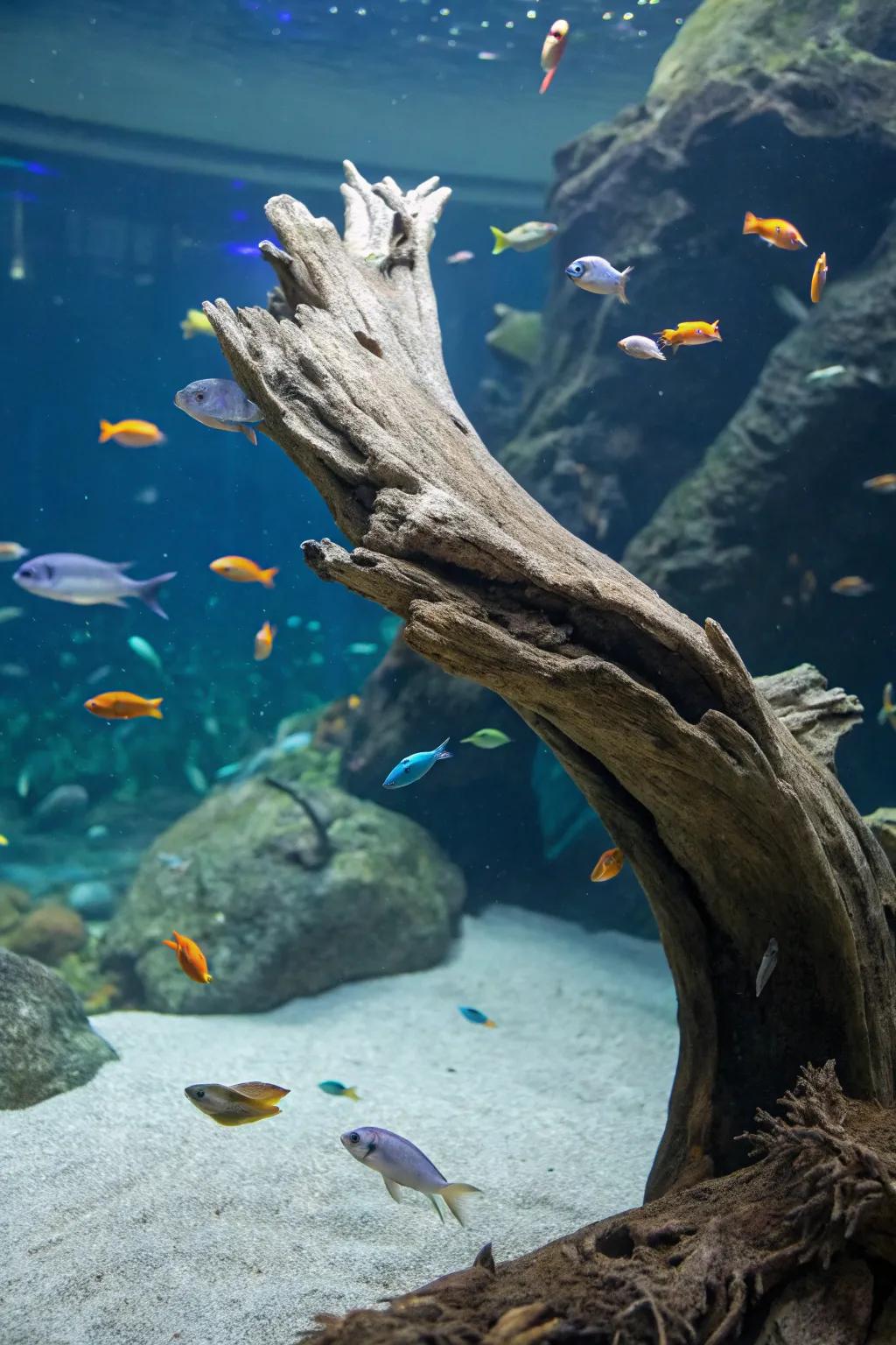 An enchanting illusion of suspended aquatic wood inside a tranquil waterscape setting.