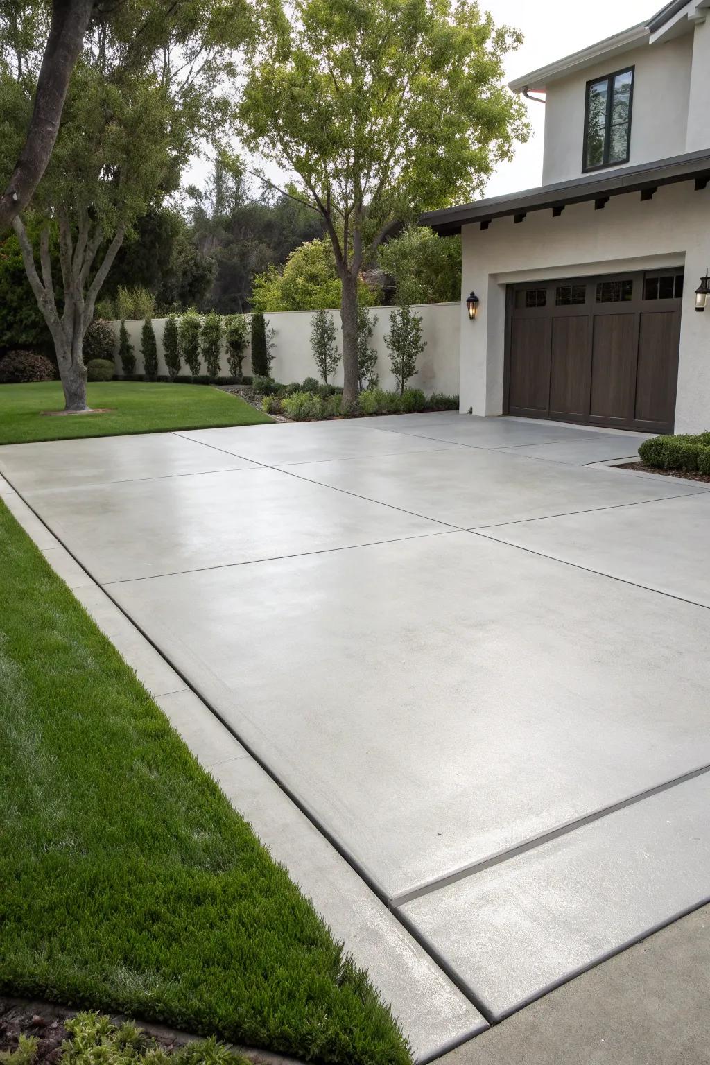 A contemporary concrete driveway provides a polished and elegant look.