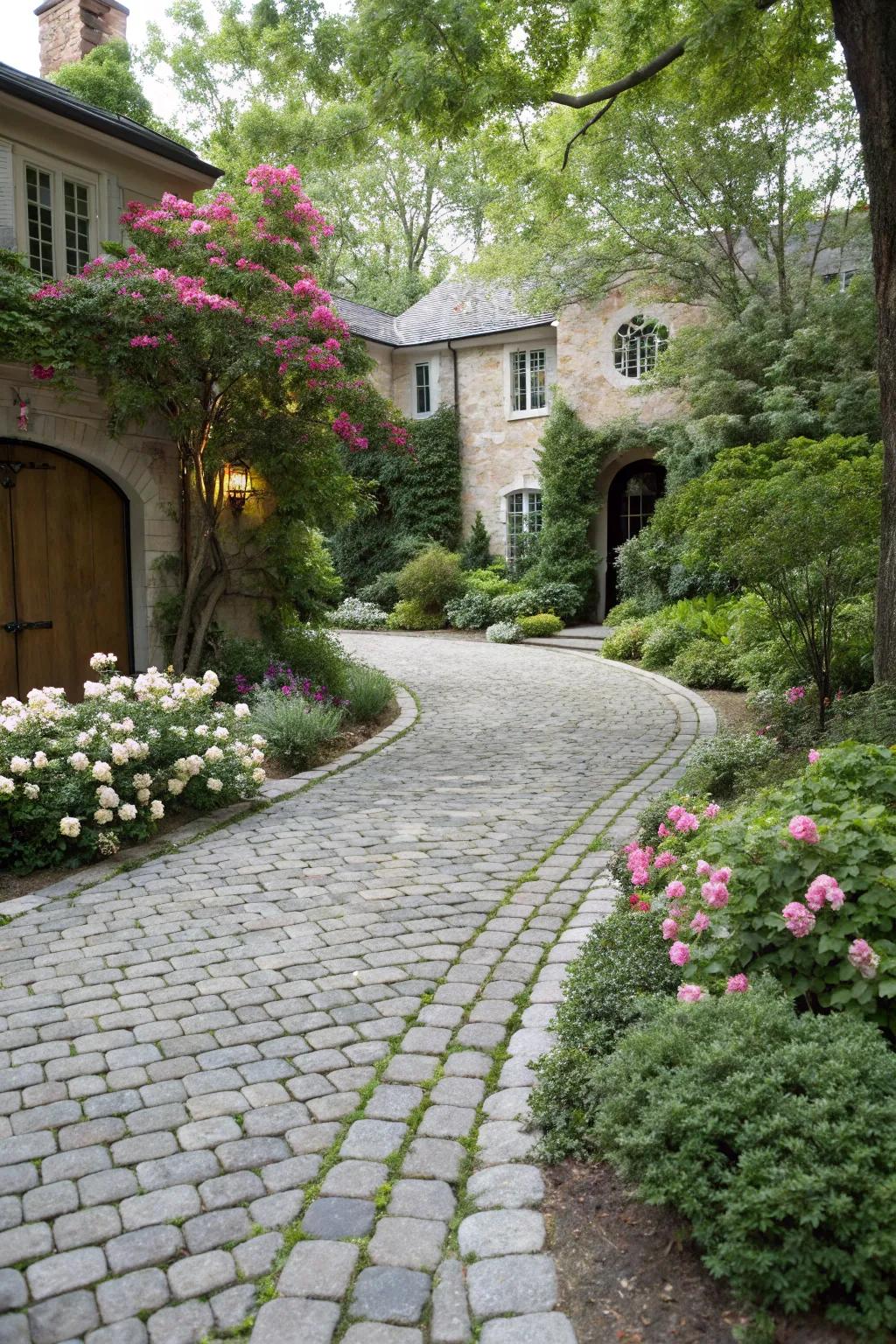 A rustic cobblestone driveway introduces character and charm to the home.
