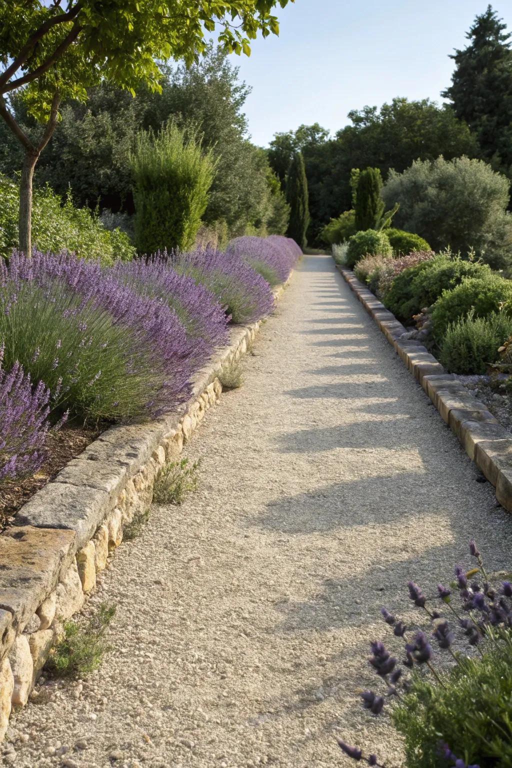 A straightforward gravel path enhanced with touches of color and elegance.