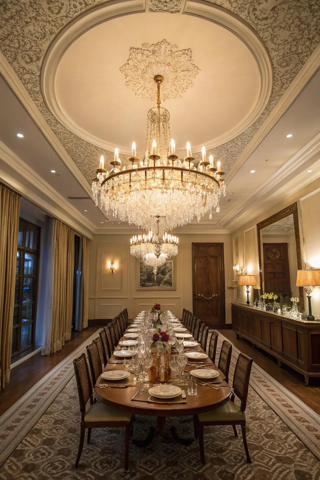 A show-stopping chandelier elevates this dining space.