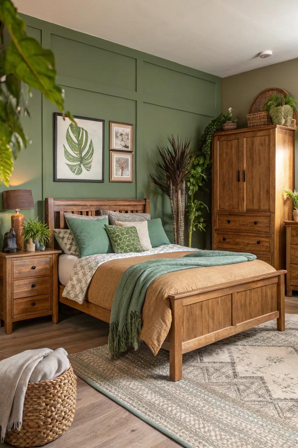 Bedroom exhibiting a soothing earthy color palette.