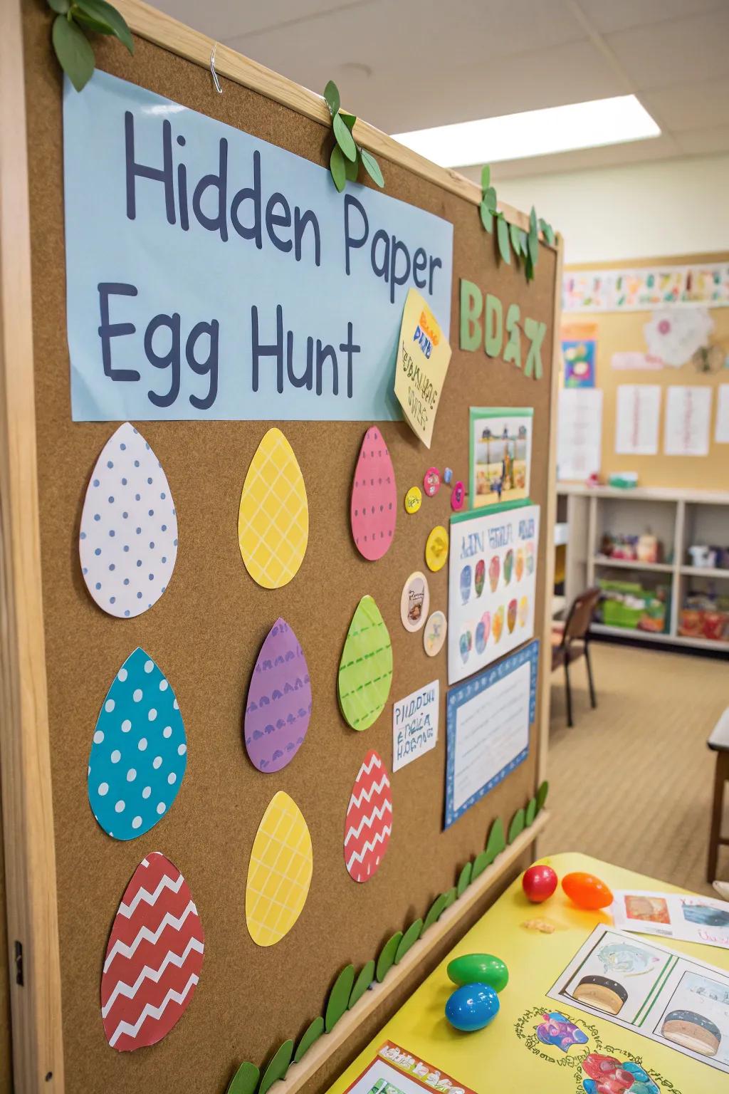 Egg scavenger hunt with hidden paper eggs for playful fun.