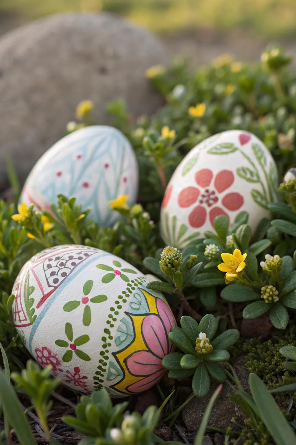 A striking exhibition of beautifully decorated Easter spheres accentuated with natural touches.