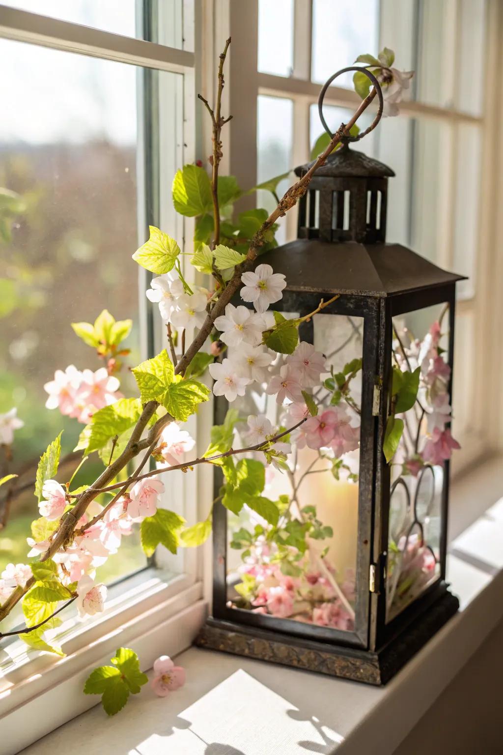 Spring awakens with blossoms showcased in a lantern.