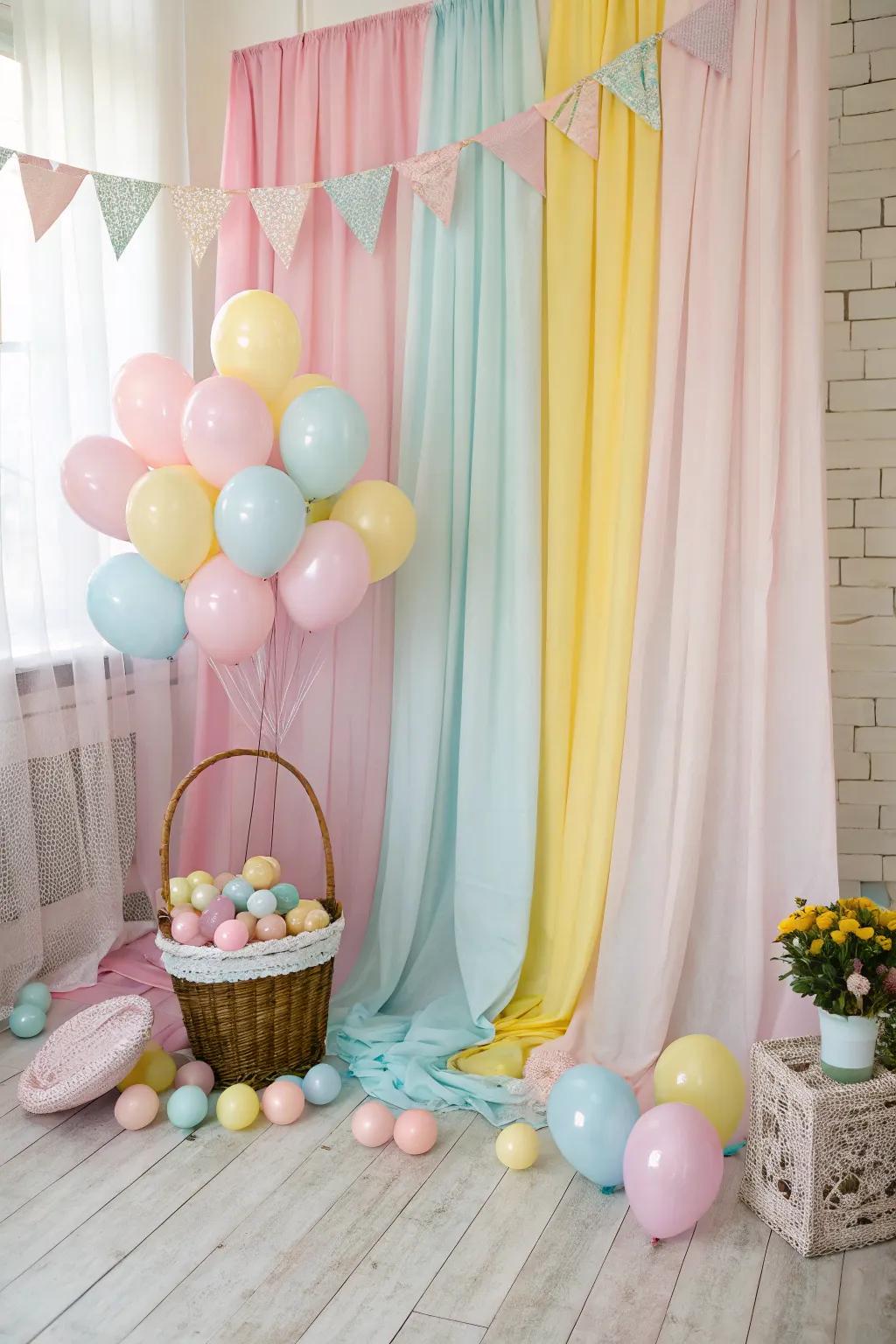 Gentle muted tone air spheres and fabric drapes fashion a dreamy Easter photographic scene.
