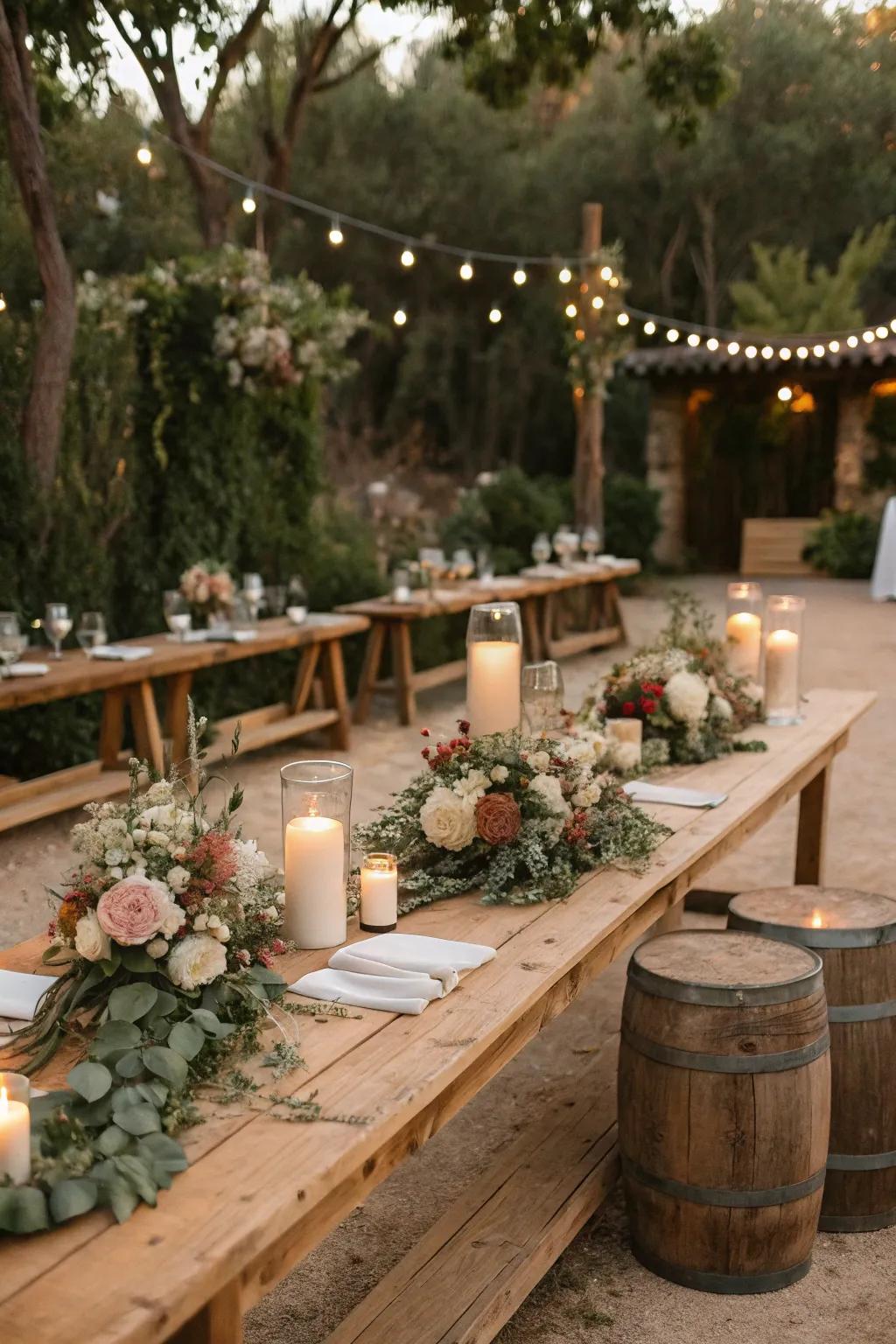 Natural wedding decorations featuring timber tables and natural components.