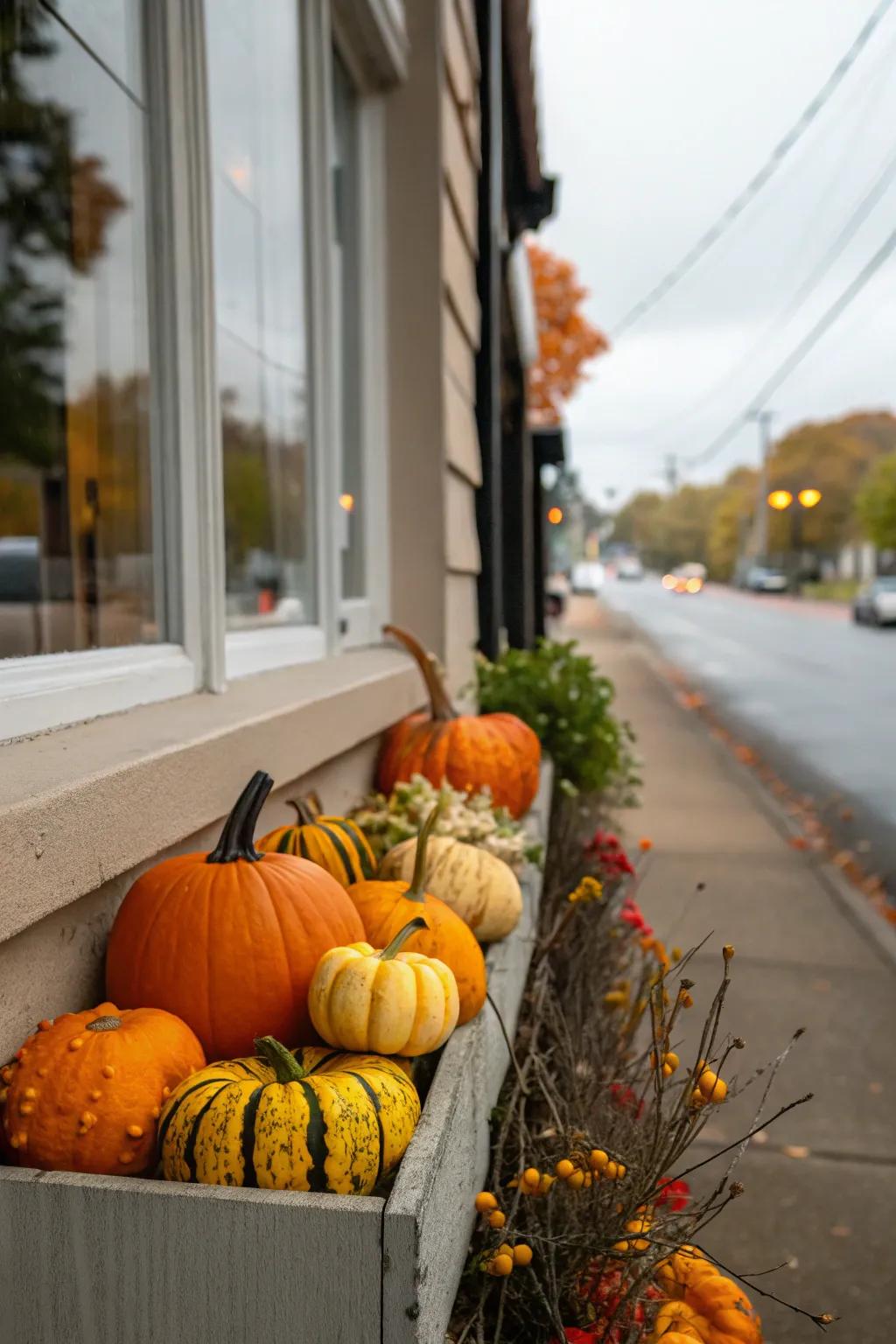 Small pumpkins add a whimsical touch to fall window boxes.