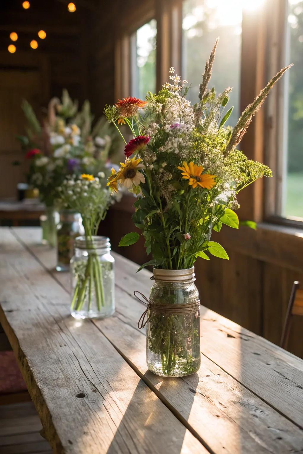 Conserve jars impart a country-inspired dimension to floral themes.