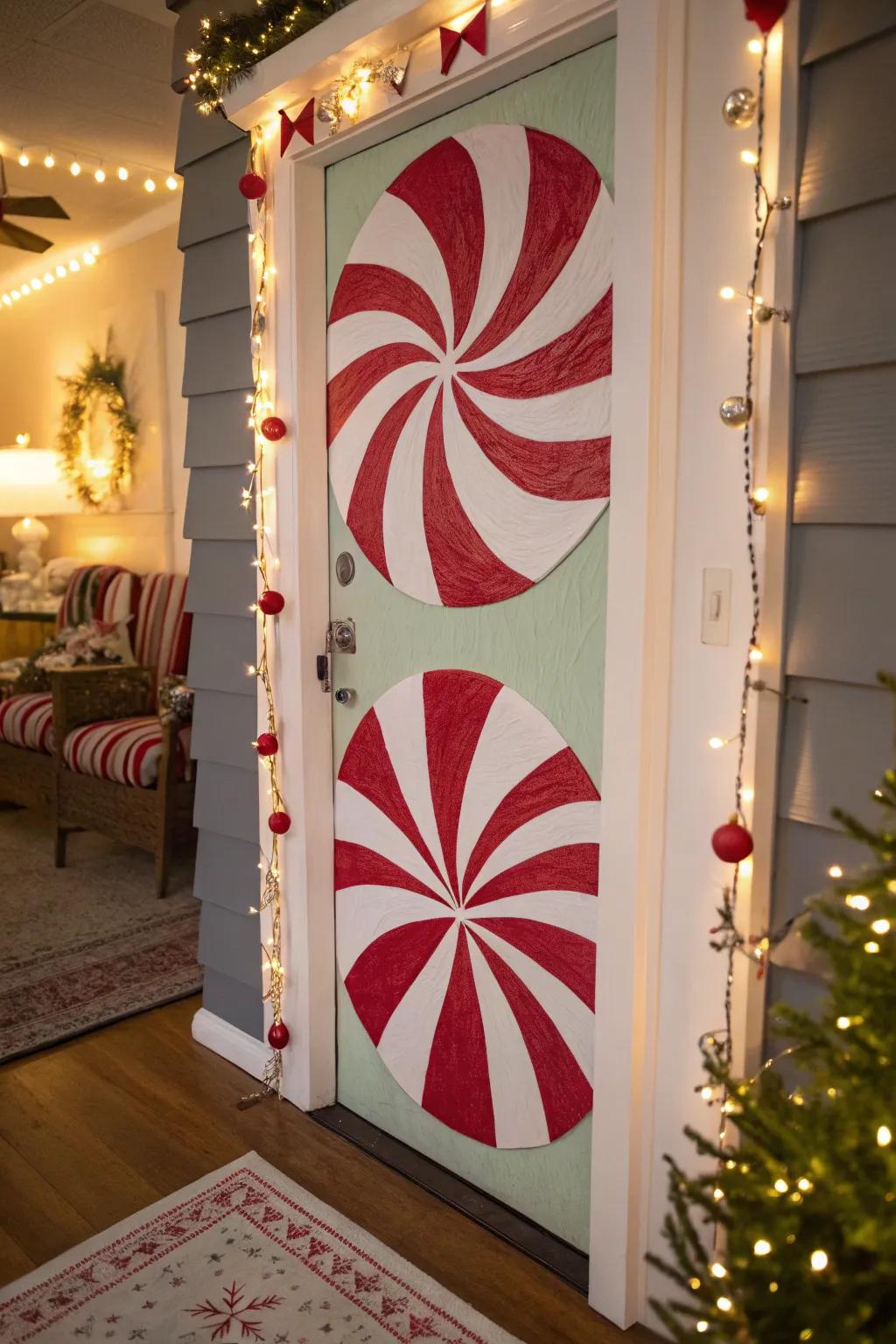 Peppermint pinwheels contribute a quintessential holiday charm to any door.