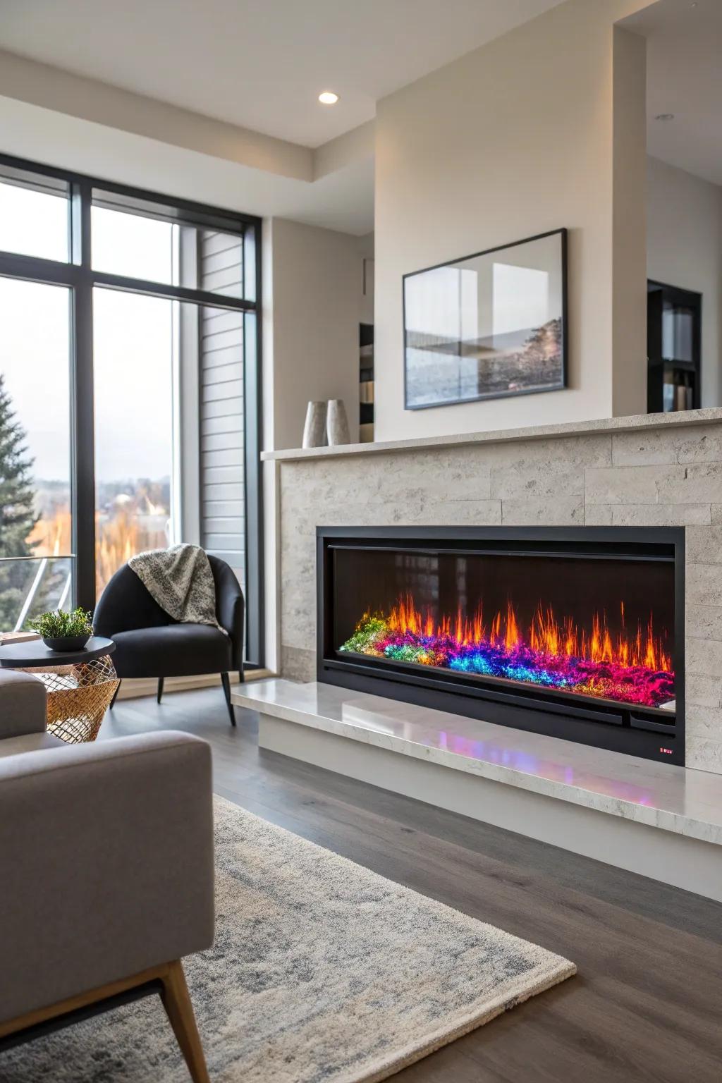 A modern electric firebox with vibrant multicolored burn effects