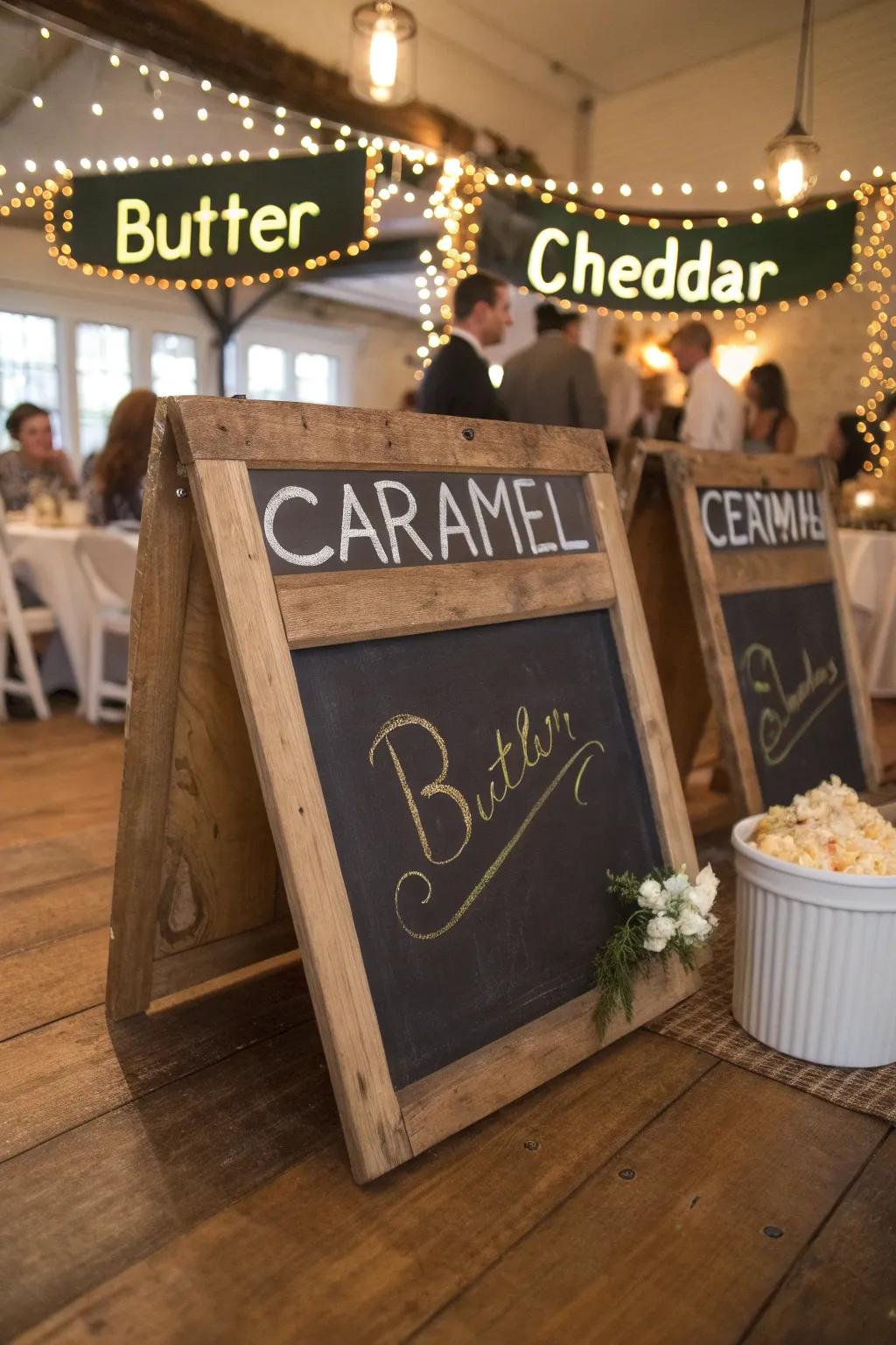 Message board signs elegantly marking popcorn flavors, adding a tailored touch to the wedding bar.