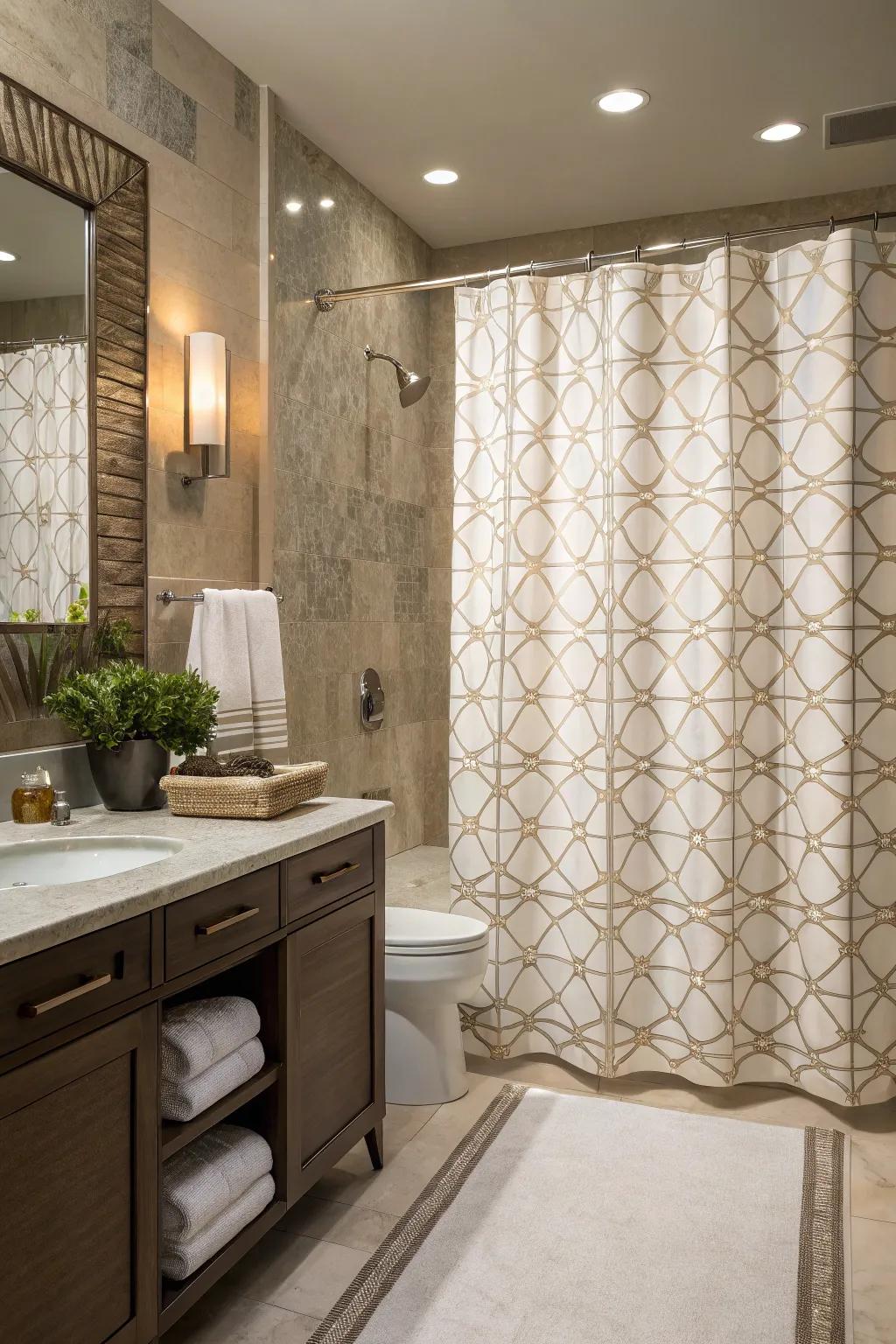 A bathroom showcasing a shower curtain with understated geometric designs for added sophistication.