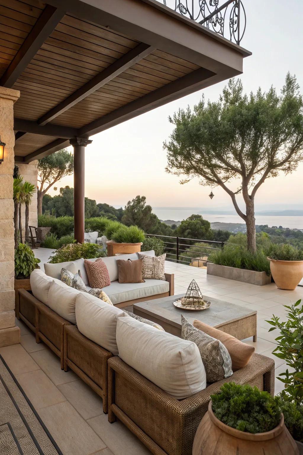 Comfortable seating arrangements transform patios into relaxing retreats.