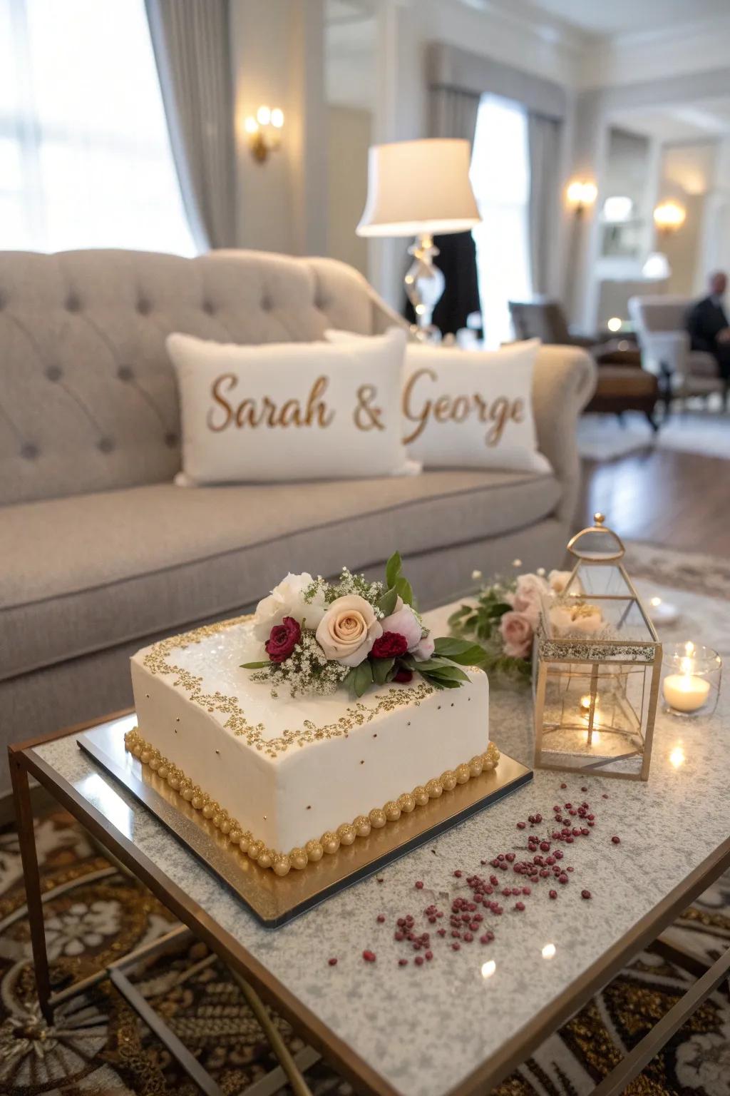 An engagement sheet cake made special with the couple's names.